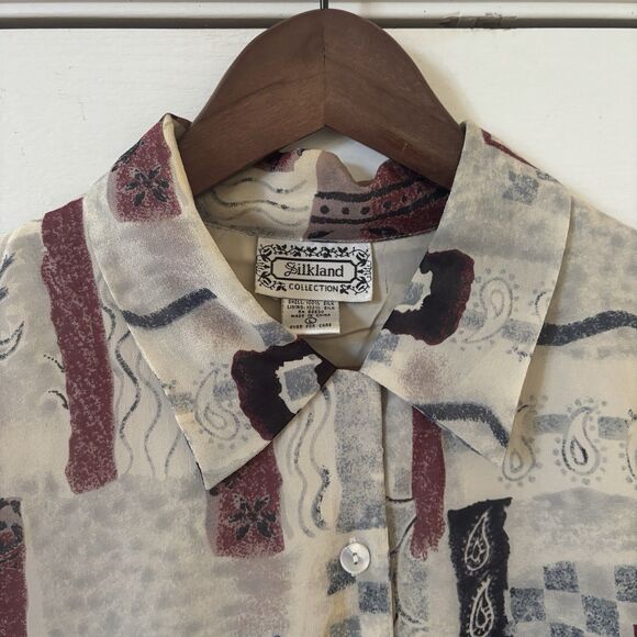 Vintage Abstract Womens 100% Silk Button Shirt Bohemian L Paisley Loop Collar - Picture 5 of 8